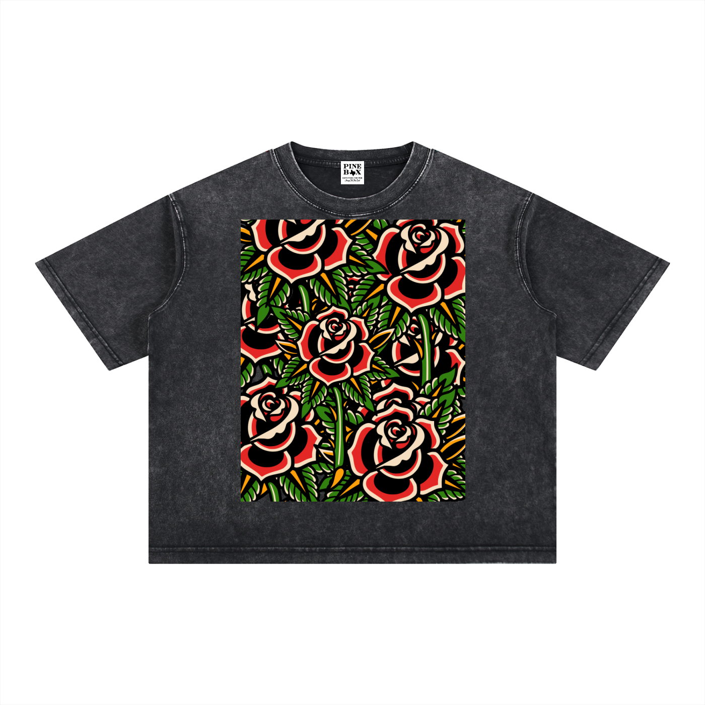 Mineral Wash Boxy 100% Cotton T-Shirt (Tattoo Rose Collage)