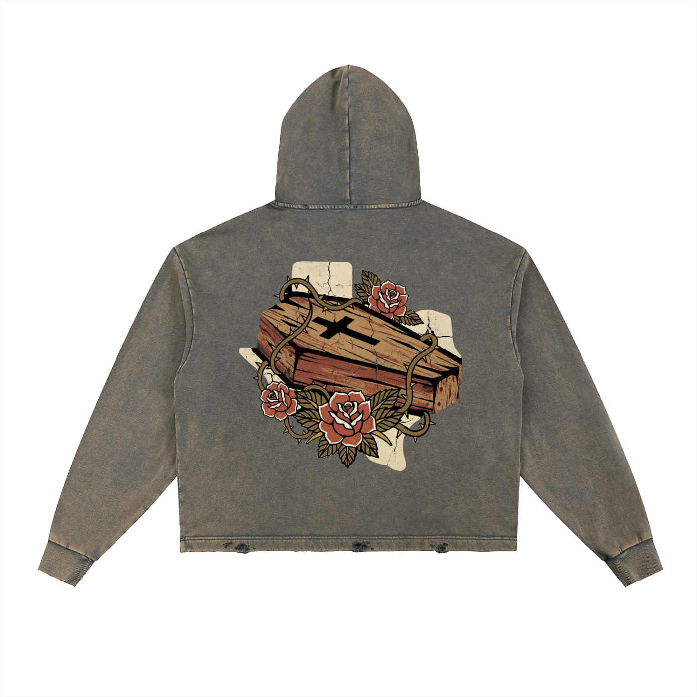 (Coffin Roses) Vintage Washed Frayed-Hem Hoodie