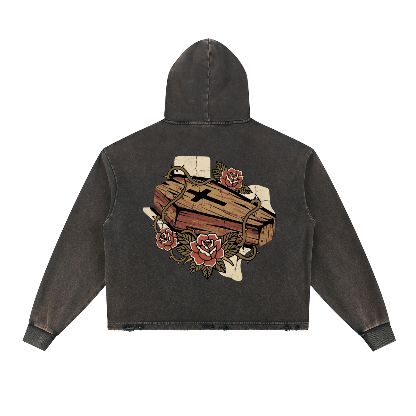 (Coffin Roses) Vintage Washed Frayed-Hem Hoodie