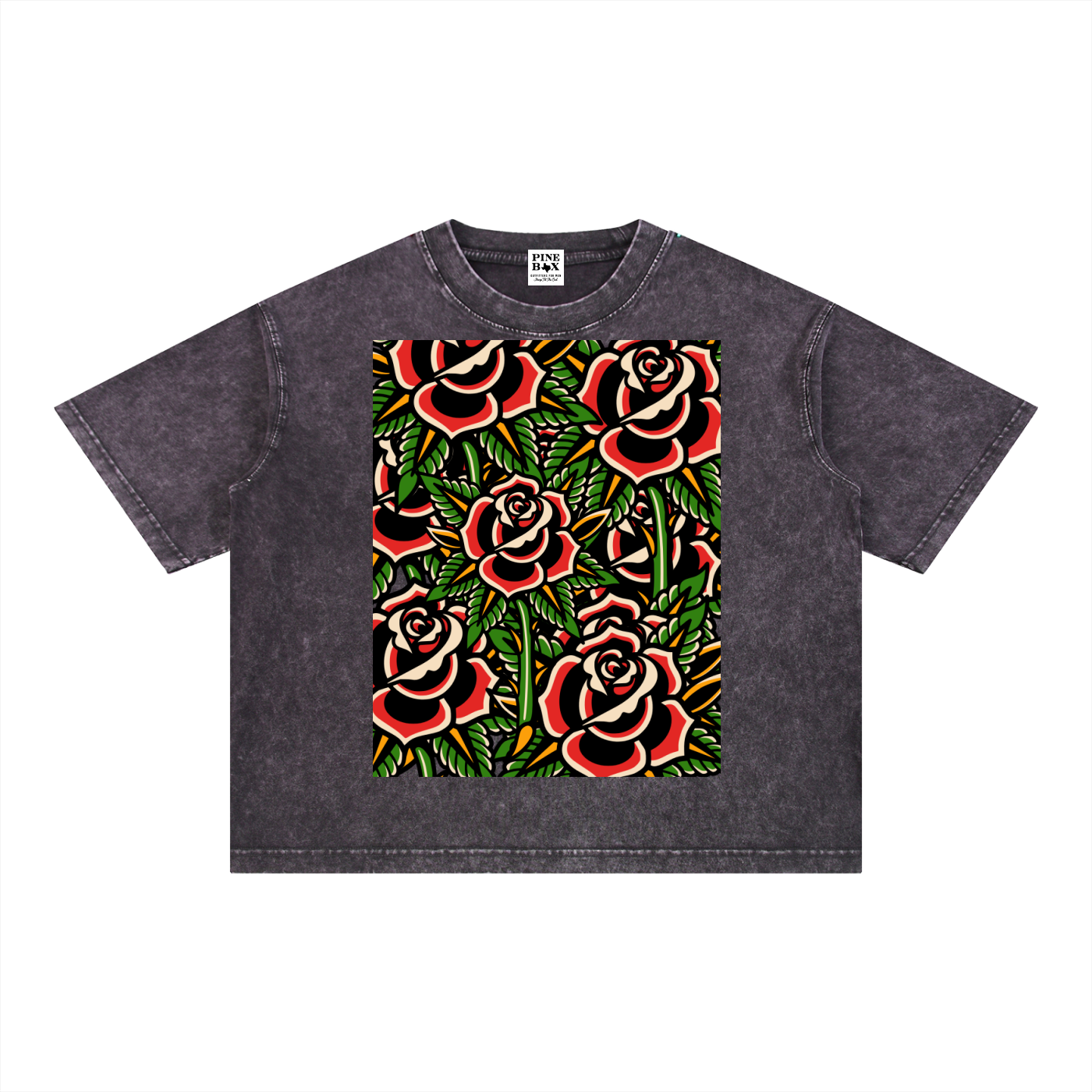 Mineral Wash Boxy 100% Cotton T-Shirt (Tattoo Rose Collage)