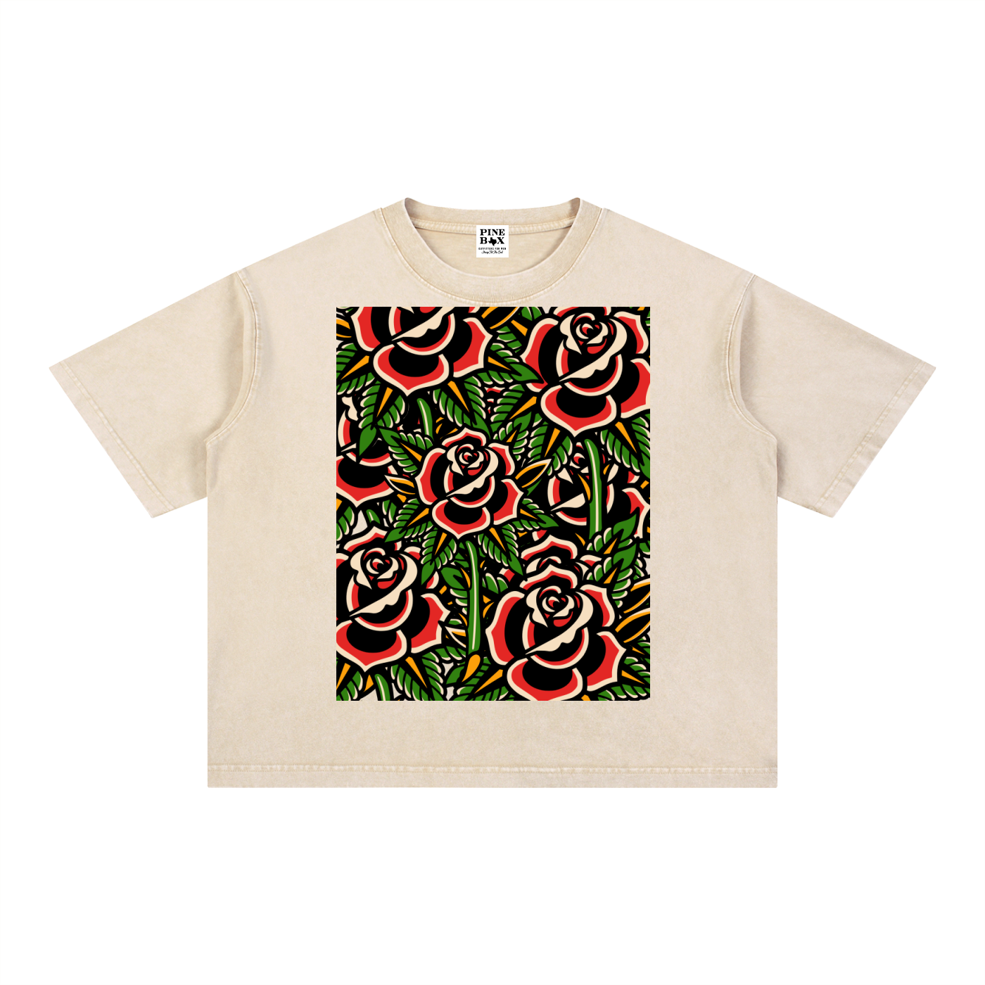 Mineral Wash Boxy 100% Cotton T-Shirt (Tattoo Rose Collage)