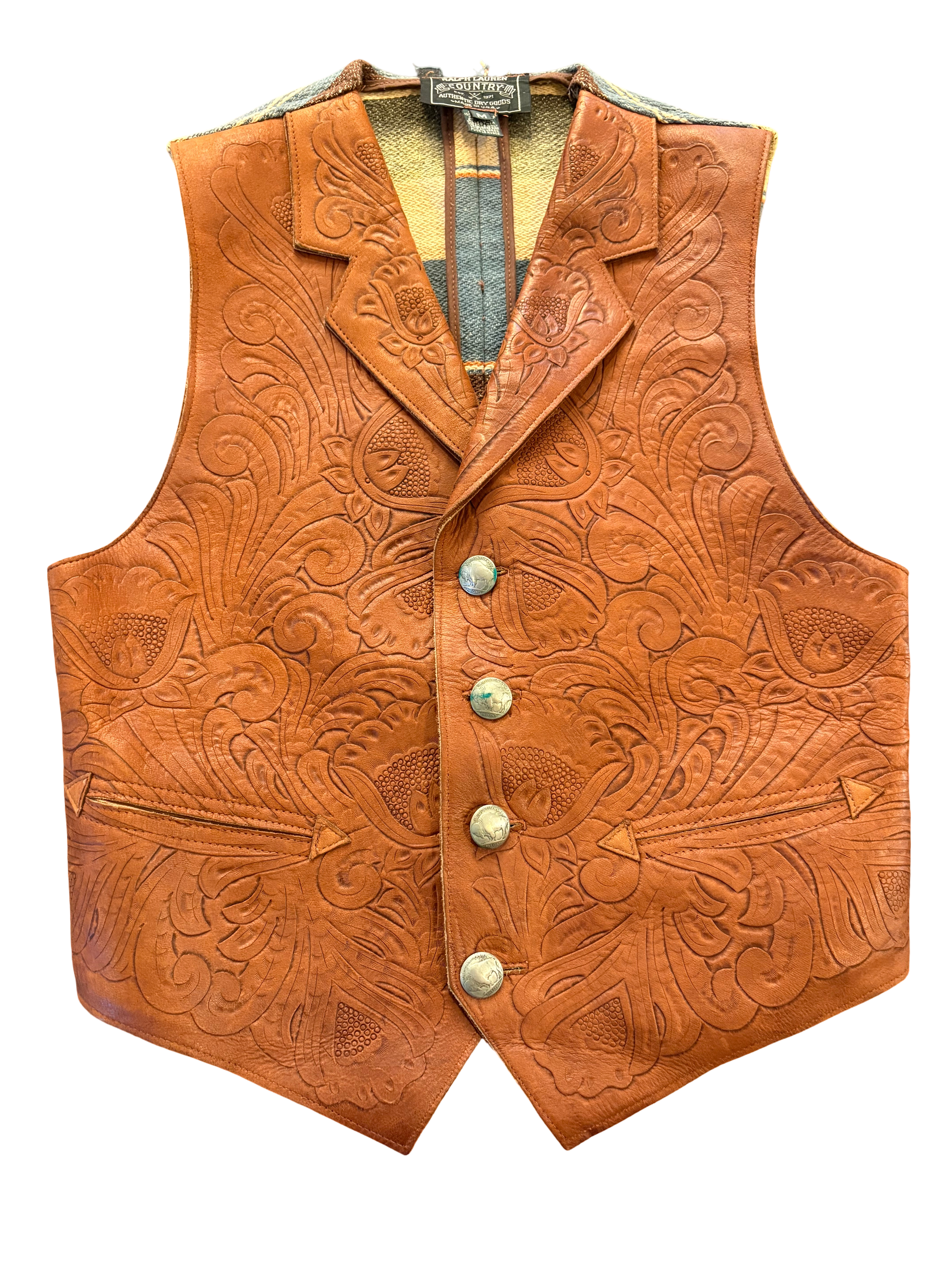 1989-1992 Vintage Ralph Lauren Country - Tooled Leather and Woven Blanket Vest