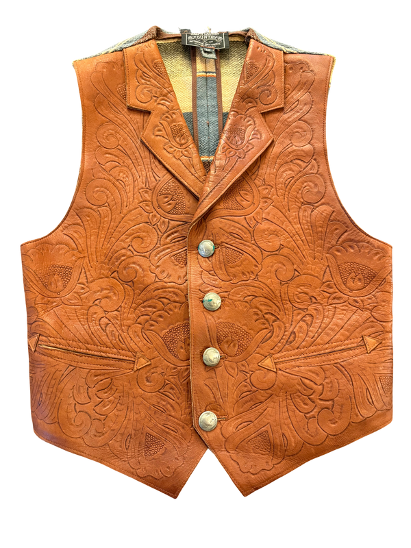 1989-1992 Vintage Ralph Lauren Country - Tooled Leather and Woven Blanket Vest